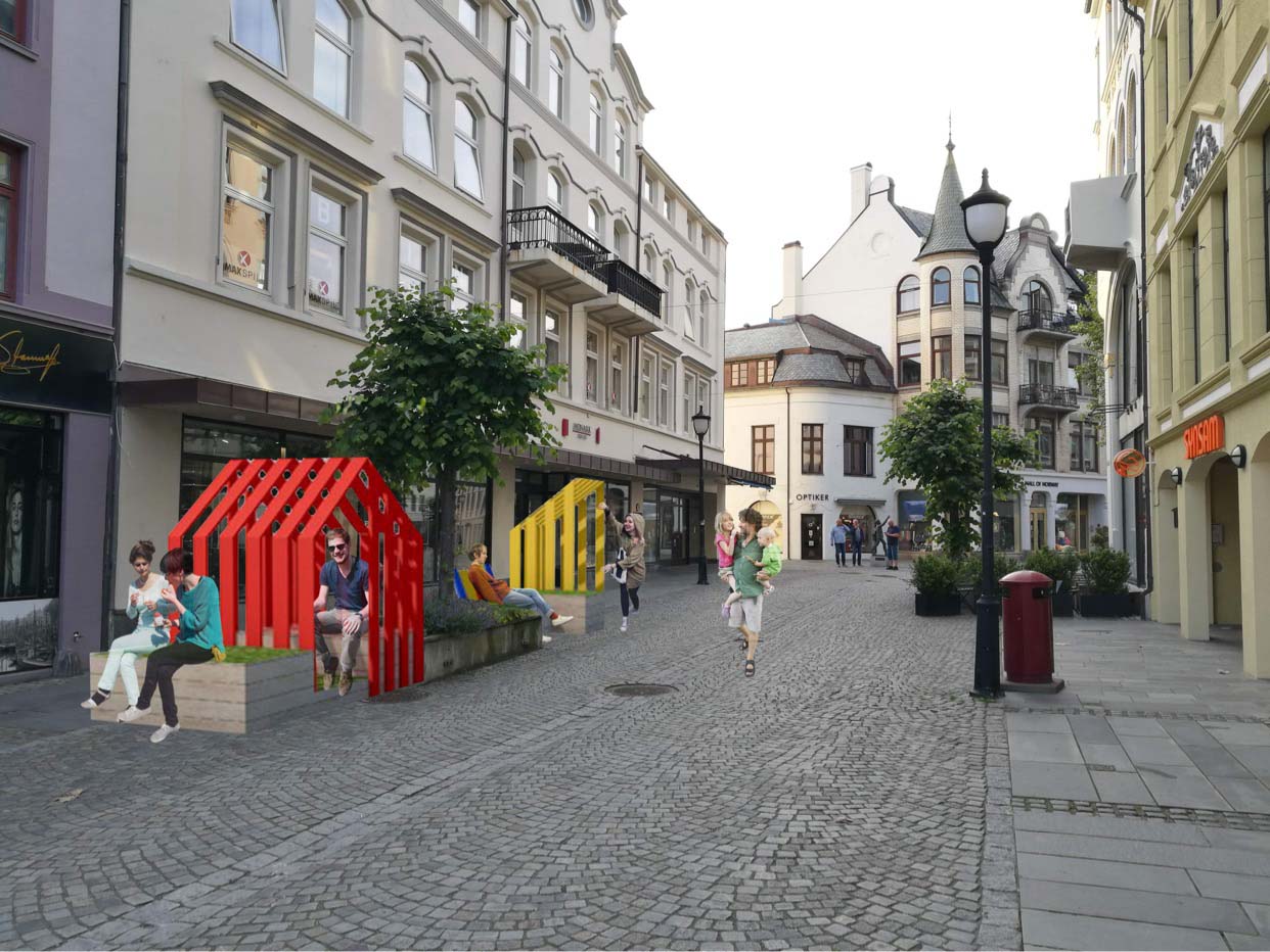 Denne skissen avslører litt av tankene bak sommerprosjektet som kommer opp i Kongens Gate denne uken! -Vi er klar for både diskusjon og engasjement. Mest av alt gleder vi oss til å se hvordan bruken av gaten vil arte seg nå som det kommer ekstra sitteplasser, sier Trine Klemetsen i Bypatrioten som står bak.