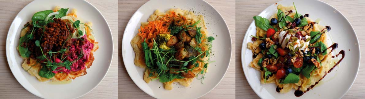 Plantebaserte retter. Fra venstre mot høyre: "Gagn" (veggisboller med rødbetsalat og syltet fennikel), "Hav" (tareboller med stekte poteter og karri-majones) og "Villniss" (salat med spinat, tomater, valnøtter og ost).