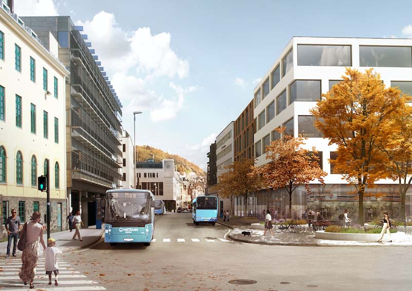 Slik vil den nye gateterminalen i Ålesund sentrum fremstå når den er ferdig. (Illustrasjon: Jaja Architects).